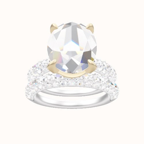 Cathedral Three Row Pave Engagement Ring With Pave Basket Head and Matching Band
