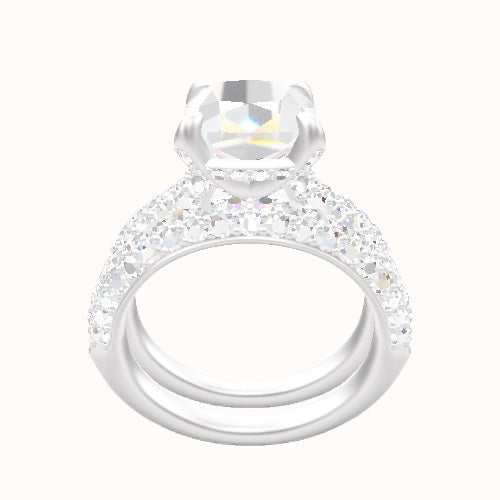 Cathedral Three Row Pave Engagement Ring With Pave Basket Head and Matching Band