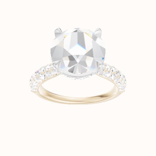 Cathedral Three Row Pave Engagement Ring With Pave Basket Head and Matching Band