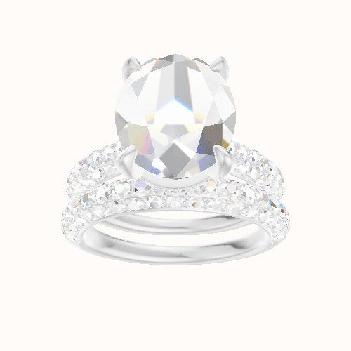 Cathedral Three Row Pave Engagement Ring With Pave Basket Head and Matching Band