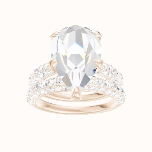 Cathedral Three Row Pave Engagement Ring With Pave Basket Head and Matching Band
