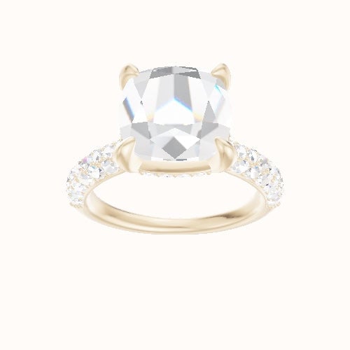 Cathedral Three Row Pave Engagement Ring With Pave Basket Head and Matching Band