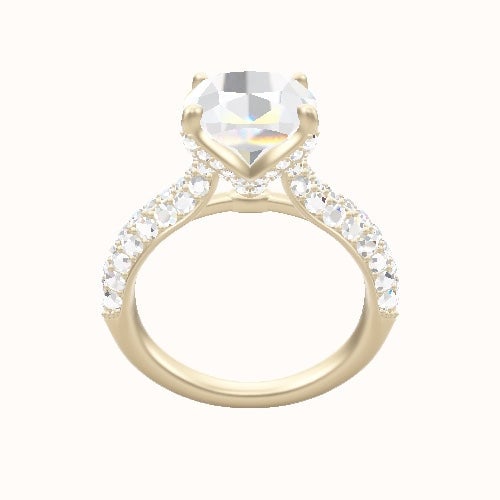 Cathedral Three Row Pave Engagement Ring With Pave Petal Four Prong Head