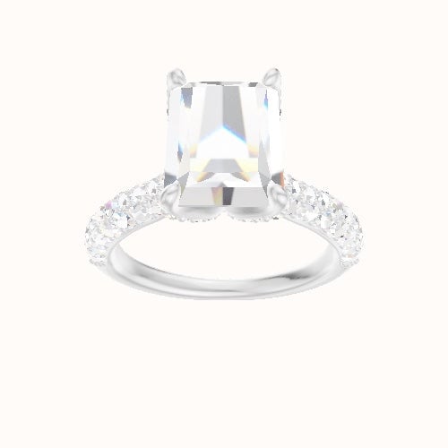 Cathedral Three Row Pave Engagement Ring With Pave Petal Four Prong Head and Matching Band