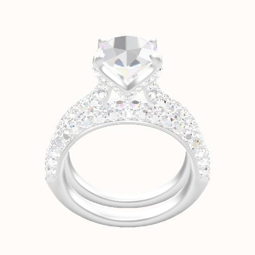 Cathedral Three Row Pave Engagement Ring With Pave Petal Four Prong Head and Matching Band