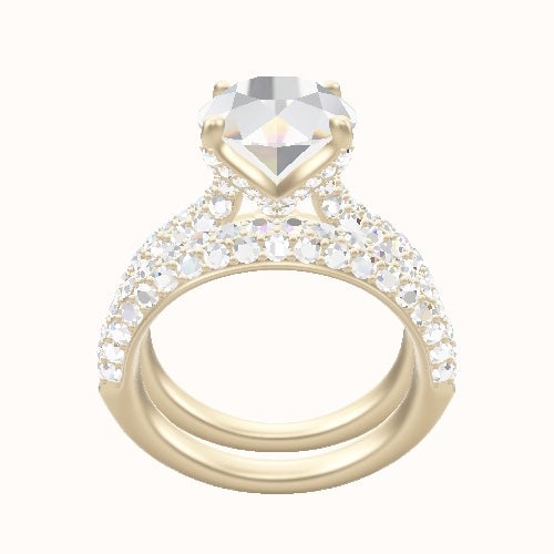 Cathedral Three Row Pave Engagement Ring With Pave Petal Four Prong Head and Matching Band