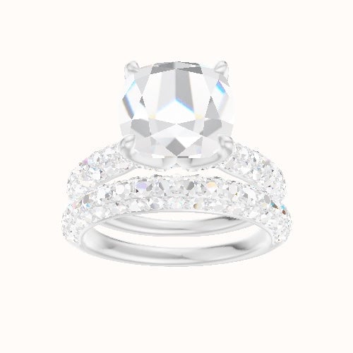 Cathedral Three Row Pave Engagement Ring With Pave Petal Four Prong Head and Matching Band