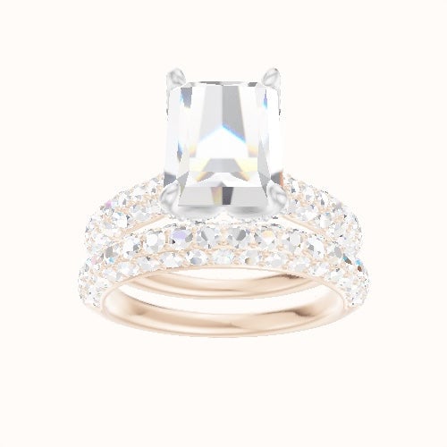 Cathedral Three Row Pave Engagement Ring With Pave Petal Four Prong Head and Matching Band