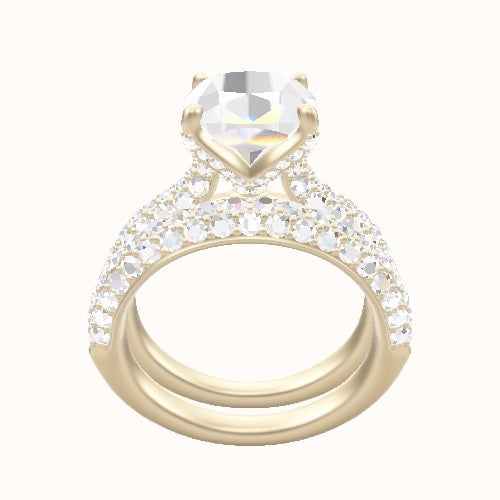 Cathedral Three Row Pave Engagement Ring With Pave Petal Four Prong Head and Matching Band