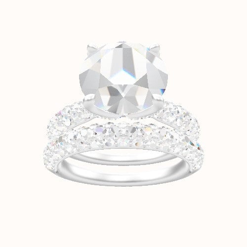 Cathedral Three Row Pave Engagement Ring With Pave Petal Four Prong Head and Matching Band