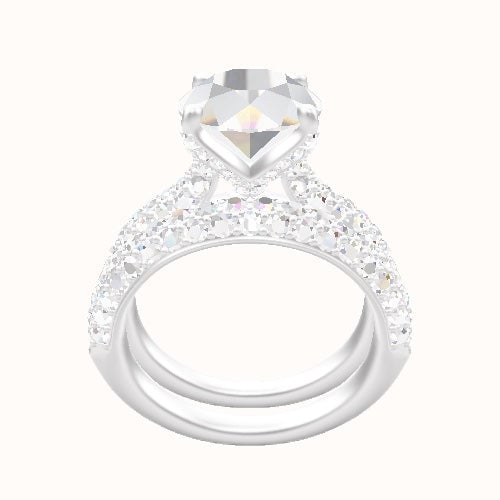 Cathedral Three Row Pave Engagement Ring With Pave Petal Four Prong Head and Matching Band