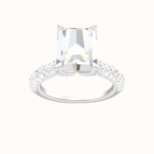 Cathedral Three Row Pave Engagement Ring With Pave Petal Four Prong Head and Matching Band