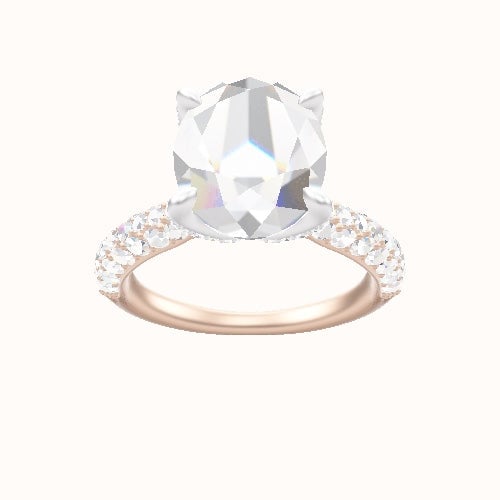 Cathedral Three Row Pave Engagement Ring With Pave Petal Four Prong Head
