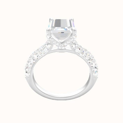 Cathedral Three Row Pave Engagement Ring With Pave Petal Four Prong Head