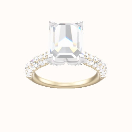Cathedral Three Row Pave Engagement Ring With Pave Petal Four Prong Head