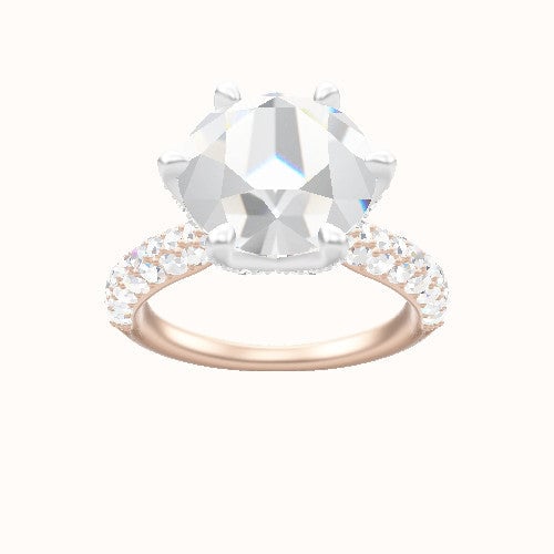 Cathedral Three Row Pave Engagement Ring With Pave Petal Six Prong Head