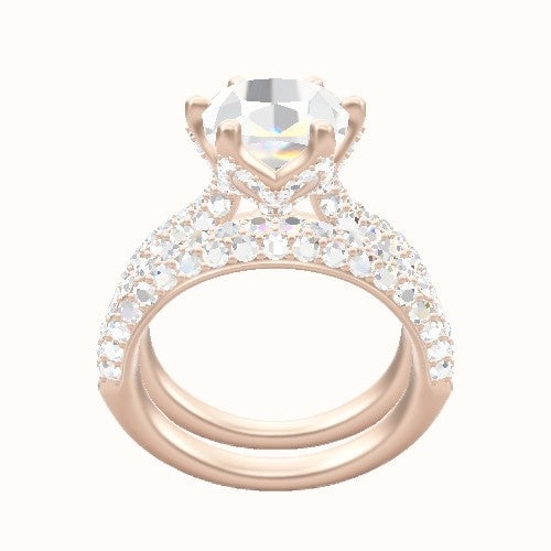 Cathedral Three Row Pave Engagement Ring With Pave Petal Six Prong Head and Matching Band