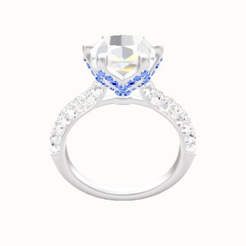 Cathedral Three Row Pave Engagement Ring With Pave Petal Six Prong Head