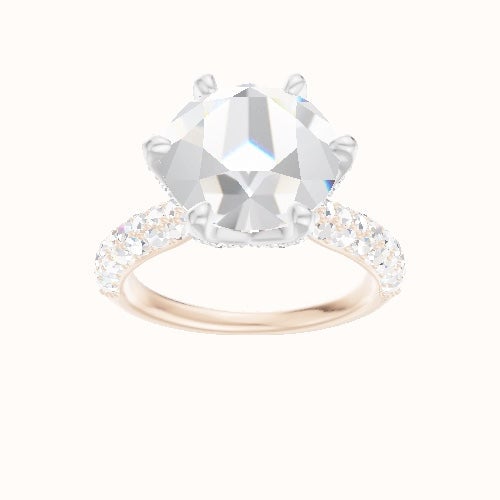 Cathedral Three Row Pave Engagement Ring With Pave Petal Six Prong Head