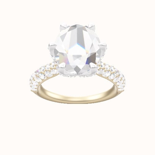 Cathedral Three Row Pave Engagement Ring With Pave Petal Six Prong Head