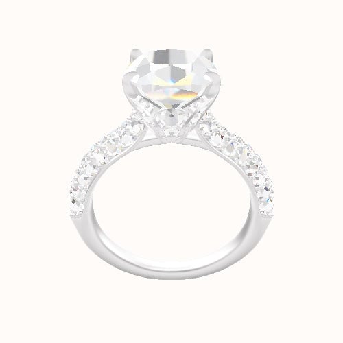 Cathedral Three Row Pave Engagement Ring With Pave Tulip Prongs w. Surprise Diamond Head