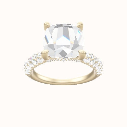 Cathedral Three Row Pave Engagement Ring With Pave V Prong Head