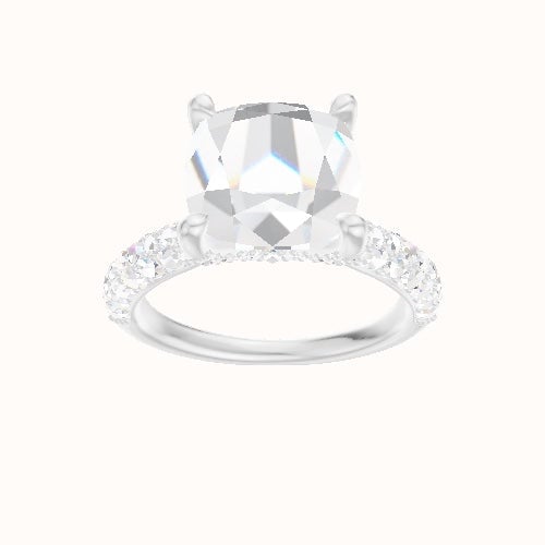 Cathedral Three Row Pave Engagement Ring With Pave V Prong Head and Matching Band