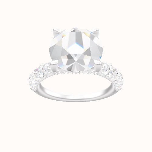 Cathedral Three Row Pave Engagement Ring With Pave V Prong Head