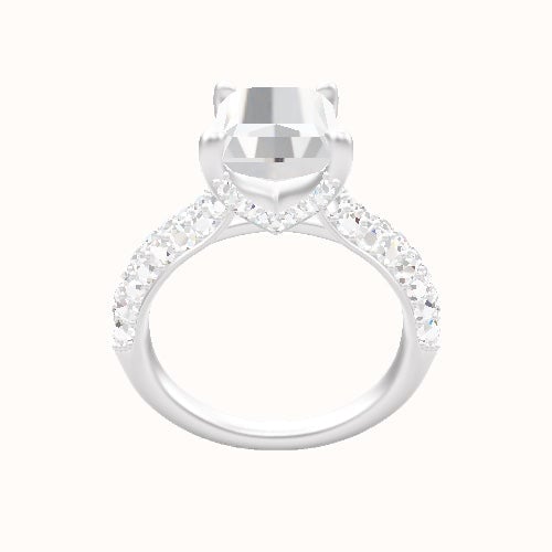 Cathedral Three Row Pave Engagement Ring With Pave V Prong Head
