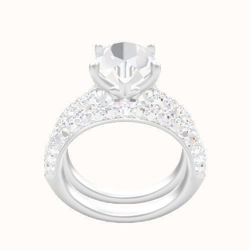 Cathedral Three Row Pave Engagement Ring With Petal Four Prong Head and Matching Band