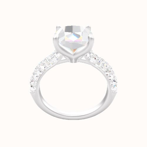 Cathedral Three Row Pave Engagement Ring With Petal Four Prong Head