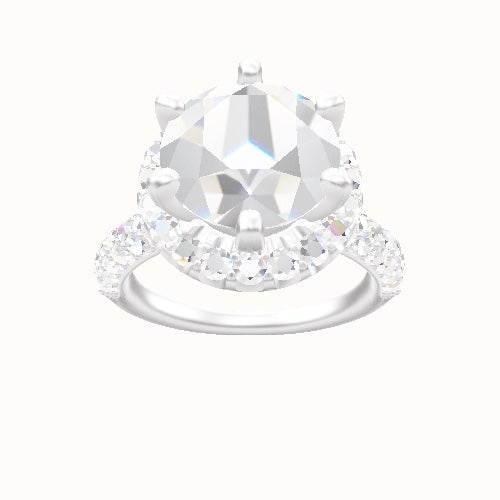 Cathedral Three Row Pave Engagement Ring With Six Prong Halo Head and Matching Band