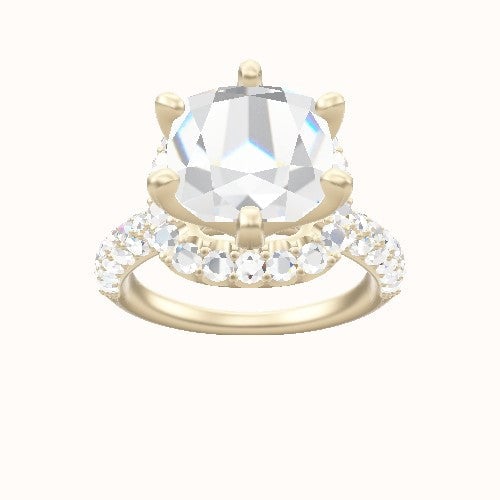 Cathedral Three Row Pave Engagement Ring With Six Prong Halo Head and Matching Band