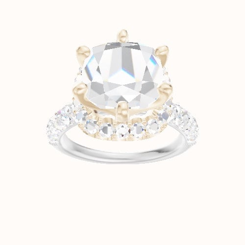 Cathedral Three Row Pave Engagement Ring With Six Prong Halo Head and Matching Band