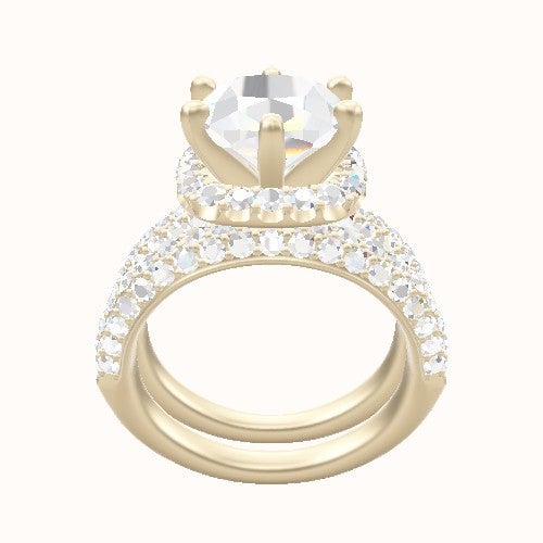 Cathedral Three Row Pave Engagement Ring With Six Prong Halo Head and Matching Band