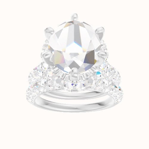 Cathedral Three Row Pave Engagement Ring With Six Prong Halo Head and Matching Band