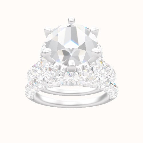 Cathedral Three Row Pave Engagement Ring With Six Prong Waterfall Halo Head and Matching Band