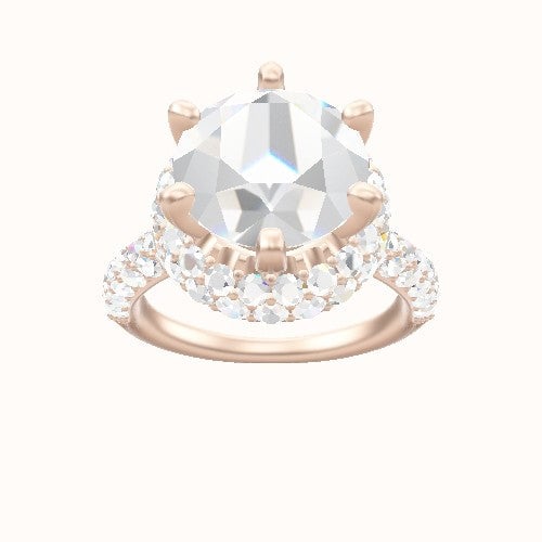 Cathedral Three Row Pave Engagement Ring With Six Prong Waterfall Halo Head and Matching Band