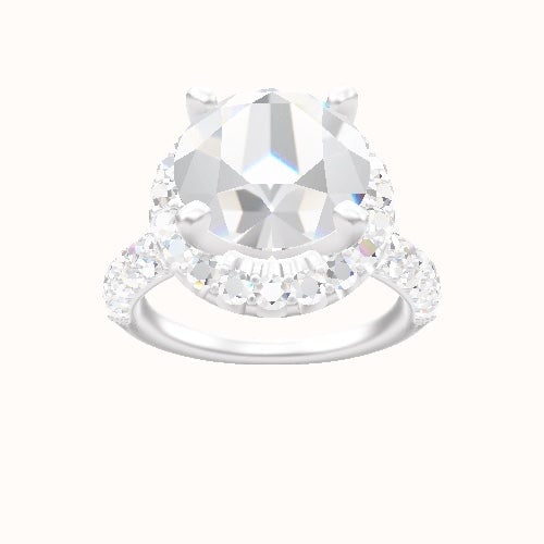 Cathedral Three Row Pave Engagement Ring With V Prong Halo Head