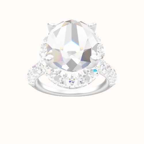 Cathedral Three Row Pave Engagement Ring With V Prong Halo Head and Matching Band