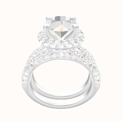 Cathedral Three Row Pave Engagement Ring With V Prong Halo Head and Matching Band