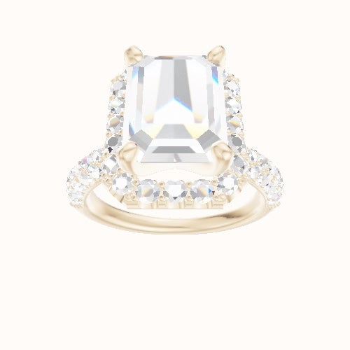Cathedral Three Row Pave Engagement Ring With V Prong Halo Head and Matching Band