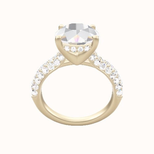 Cathedral Three Row Pave Engagement Ring With V Prong with Hidden Halo Head