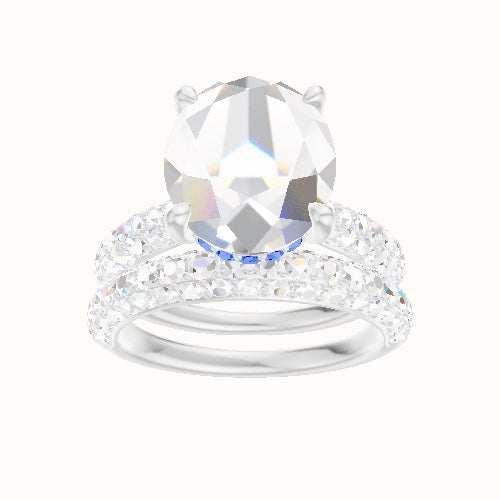Cathedral Three Row Pave Engagement Ring With V Prong with Hidden Halo Head and Matching Band