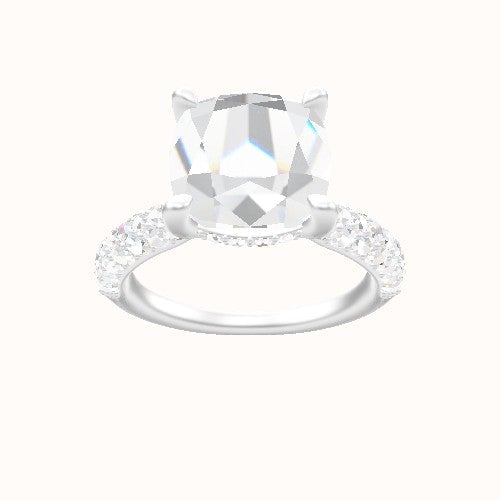 Cathedral Three Row Pave Engagement Ring With V Prong with Hidden Halo Head and Matching Band
