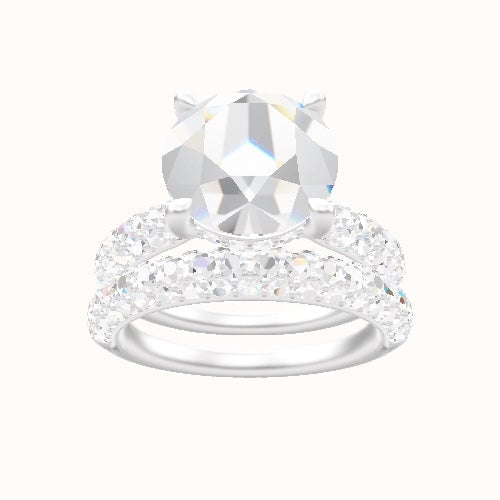Cathedral Three Row Pave Engagement Ring With V Prong with Hidden Halo Head and Matching Band