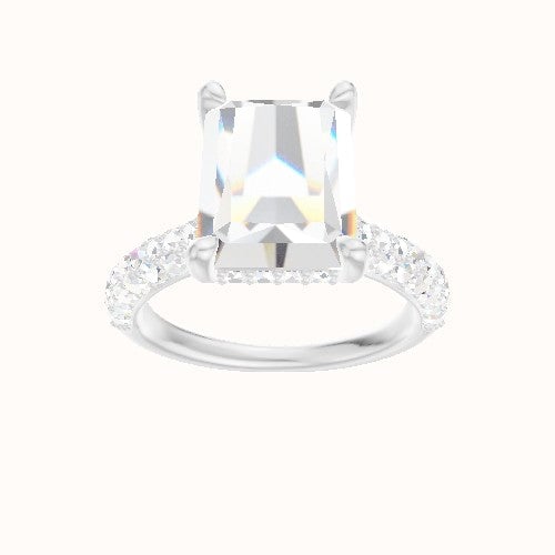 Cathedral Three Row Pave Engagement Ring With V Prong with Hidden Halo Head and Matching Band