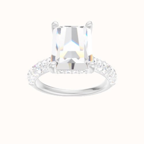 Cathedral Three Row Pave Engagement Ring With V Prong with Hidden Halo Head and Matching Band