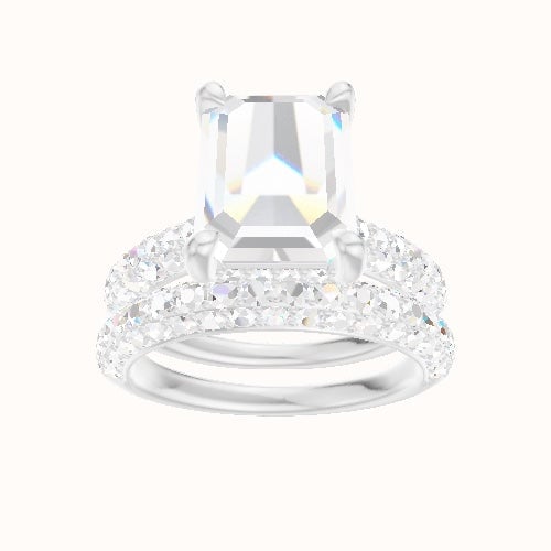 Cathedral Three Row Pave Engagement Ring With V Prong with Hidden Halo Head and Matching Band