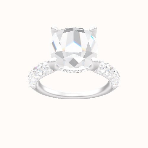 Cathedral Three Row Pave Engagement Ring With V Prong with Hidden Halo Head and Matching Band